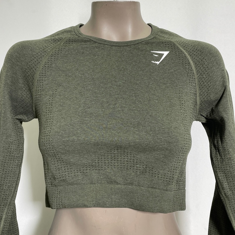 Gymshark Vital Seamless 2.0 Long Sleeve Olive Green Marl Crop Top Women's LARGE